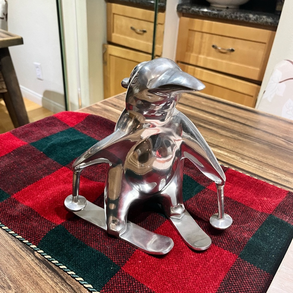 Aluminum Skiing Penguin Sculpture Metal Figure Animal Decor Contemporary